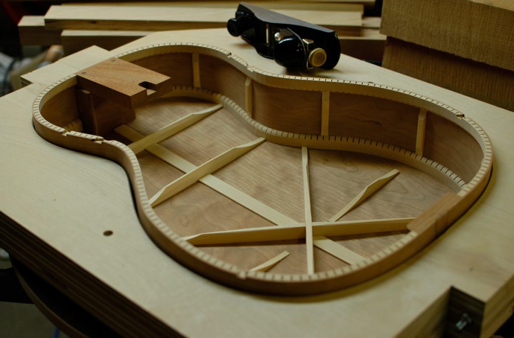 The auditorium prototype with the back glued in. Usually I glue the tops on first, but reversed that with this guitar.
