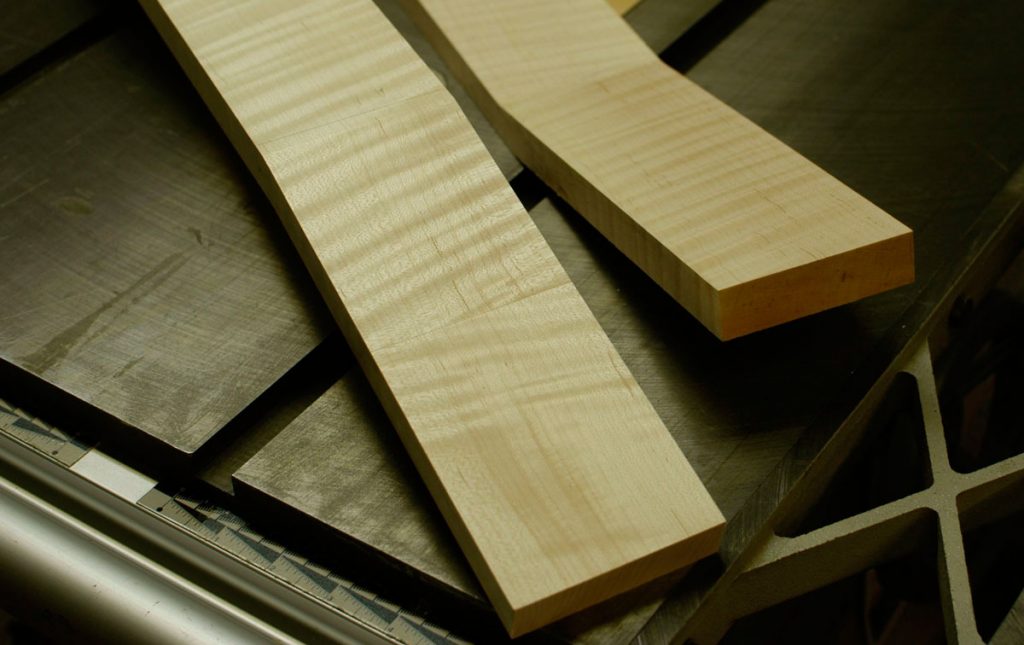 Scarf-jointed headstocks for the auditorium and orchestra prototypes in red maple