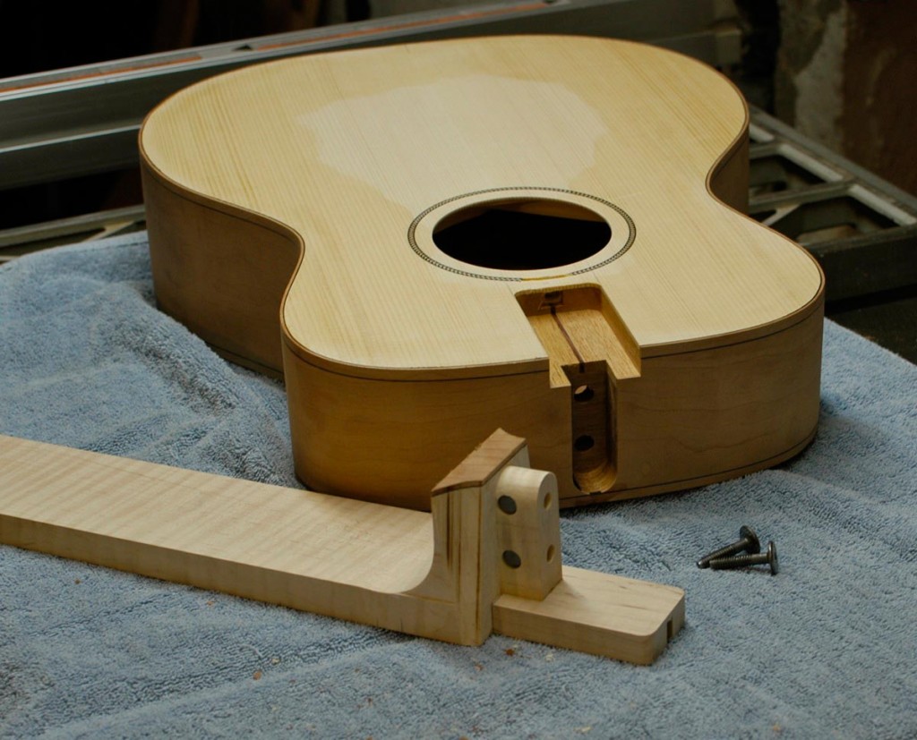 's easy to take off for future repairs. The neck is attached to the guitar using four bolts and no glue, so it's easy to take off for future repairs.