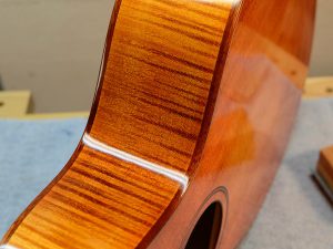 One of the cool things about using dye on maple is that the results are very three-dimensional; the medullary flecks are less absorbent so stay lighter and float above the curl figure.