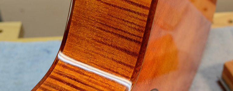 One of the cool things about using dye on maple is that the results are very three-dimensional; the medullary flecks are less absorbent so stay lighter and float above the curl figure.