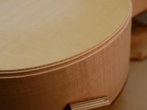 Freshly cut purfling and binding ledges.