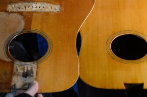 The old top's color under finish compared to the new top's color under finish.