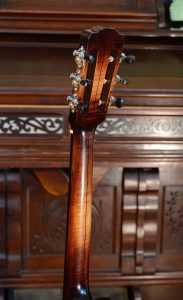 The back of a colored maple guitar neck and headstock